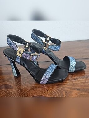 Karl Lagerfeld Blue Glitter Ombre Strap Heels w/Gold Buckles Women's Sz 7 & 7.5